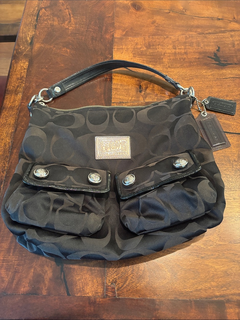 Coach Black Signature Canvas Shoulder Bag with Front Pockets